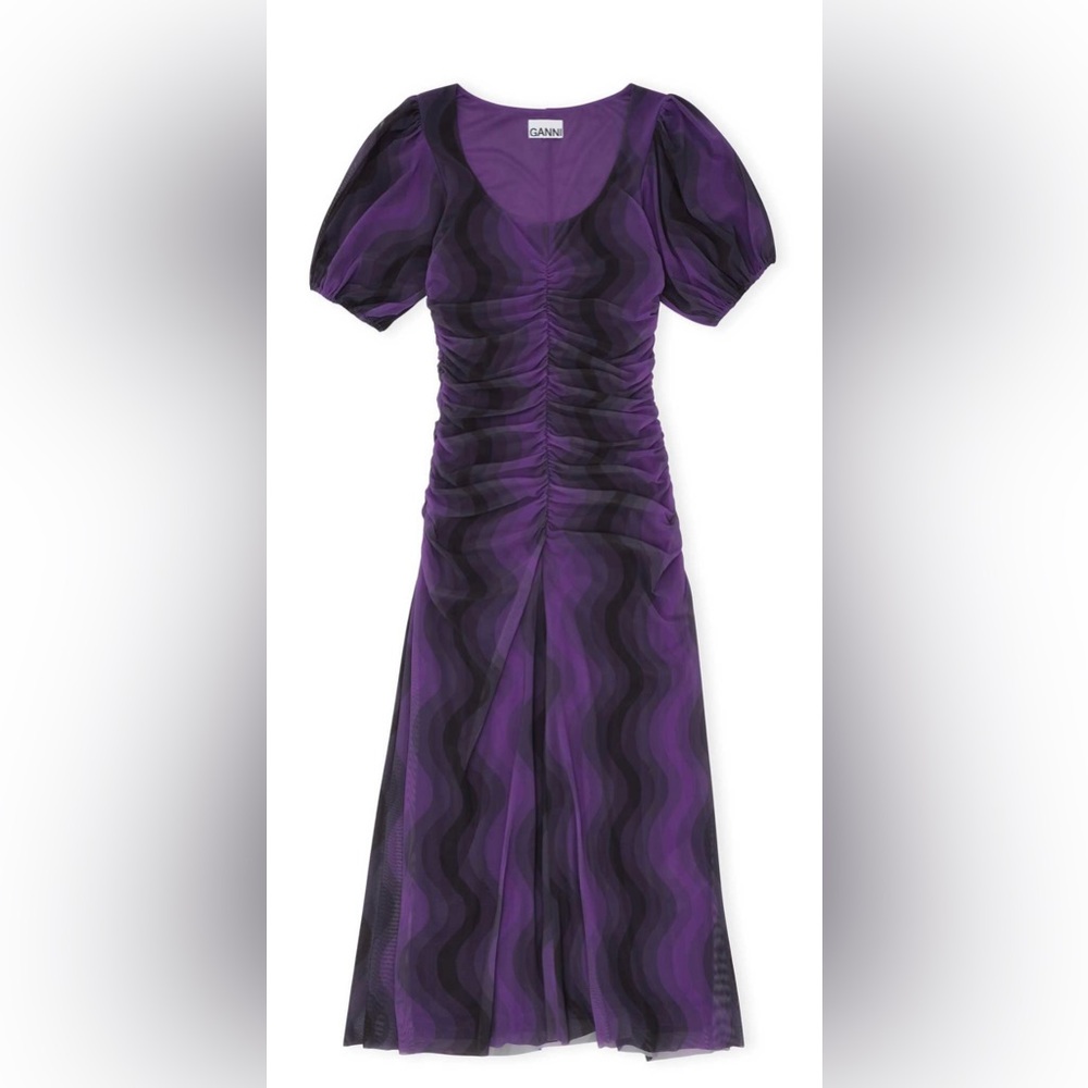 NWOT GANNI PRINTED MESH PUFF SLEEVE U-NECK MIDI DRESS.